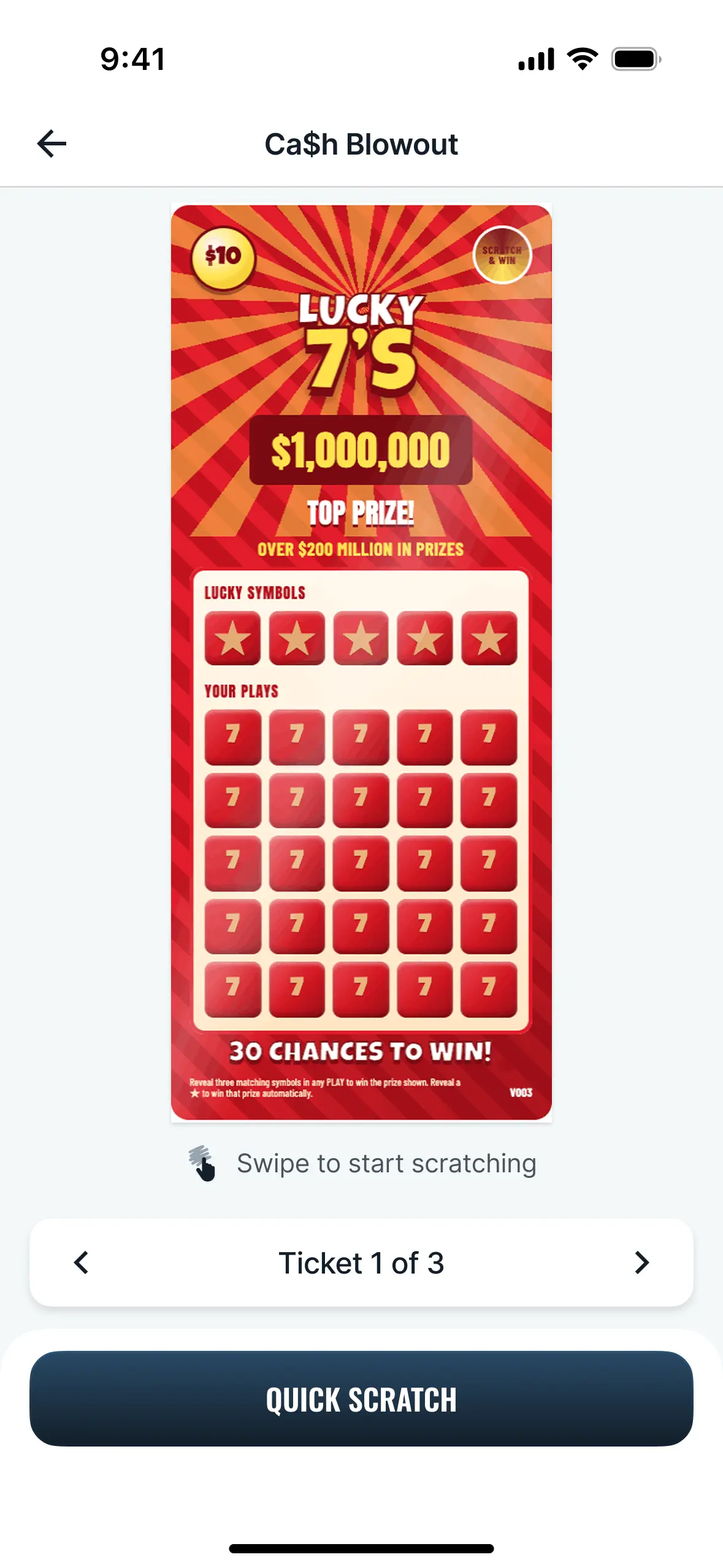 Heartland Lotto scratch-off ticket screen