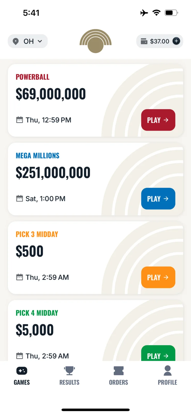 Heartland Lotto app home screen