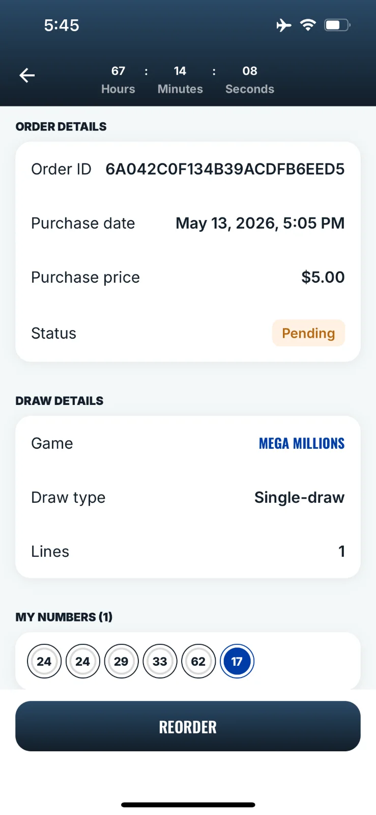 Heartland Lotto orders & results screen
